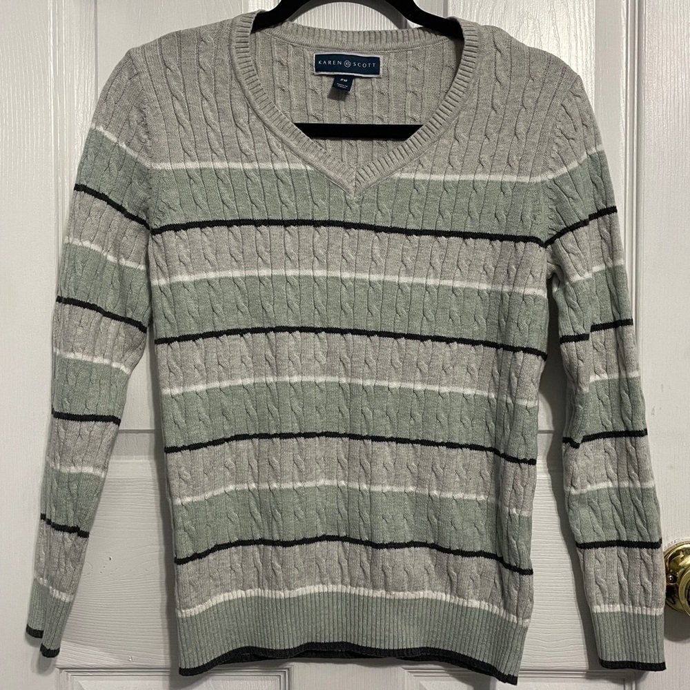 Karen Scott Women's Grey and Green Striped Long Sleeve V Neck Sweater Size Med P - Picture 4 of 7